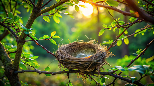 delicate birds nest crafted with precision and care amidst lush green leaves, illuminated by soft sunlight, evokes sense of tranquility and natures beauty