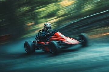 Go kart driver speeding on outdoor racing track