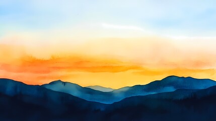Fototapeta premium Watercolor orange blue landscape illustration poster background