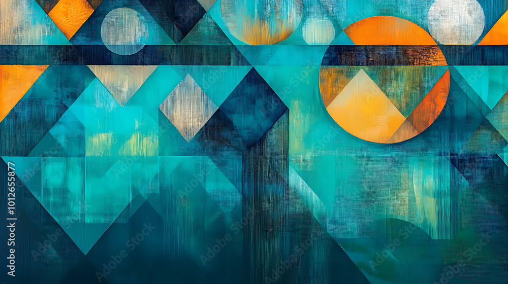Poster an abstract painting featuring geometric and circular patterns in teal and orange, creating a visual