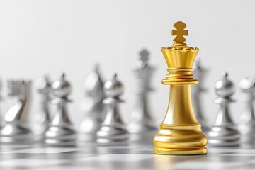 Gold king chess piece on corner of board surrounded by silver pieces Represents leadership competition and strategy