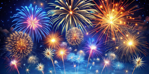 Dazzling fireworks burst in vibrant colors against midnight blue sky, creating stunning display of light and joy. scene captures excitement and beauty of celebration