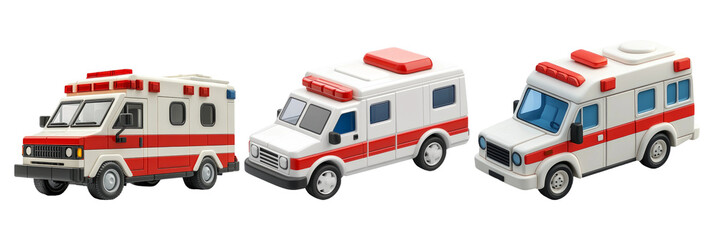 Fototapeta premium Colorful 3d Rendered Models Of Ambulance Vehicles On Transparent Background