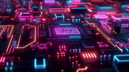 Obraz premium Close-up of a neon-lit circuit board with the word 'digital' in the center.