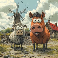 A cartoon-style image where animals like the horse, sheep, and cow stand in the middle of the farm, their exaggerated sad faces