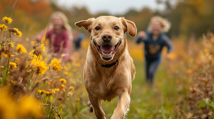 A dog is running through a field of yellow flowers
