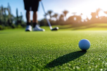 Golfers play on selective focus background for tournament tee banner
