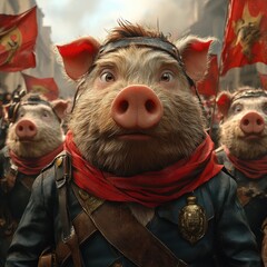 A cartoon-style Napoleon (Pig) rises to power in the farm, as other animals start working harder in a tense atmosphere