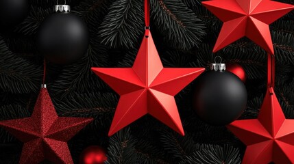 Red and black Christmas stars hanging from pine branches, 3D illustration, background, no blur, photo not dark, everything is clear, copy space