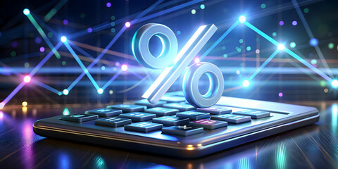 Obraz premium Holographic Percentage Symbol Floating Over Glossy Calculator - High Quality Image for Financial Calculations and Interest Rates with Copy Space