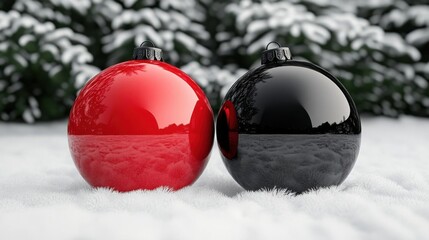 Red and black Christmas baubles in a snowy winter setting, 3D illustration, background, no blur, photo not dark, everything is clear, copy space