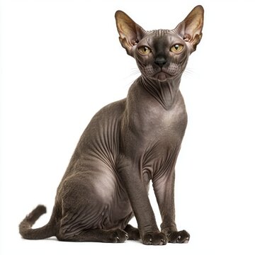 charming Minskin cat showcases its unique features, sitting elegantly with a hairless body and short legs against a pure white backdrop, exuding playful personality.