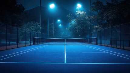 Empty tennis court under evening lights, with a blue surface and net on an outdoor playground field, perfect for recreation and sport, tournament match or night training session on a stadium