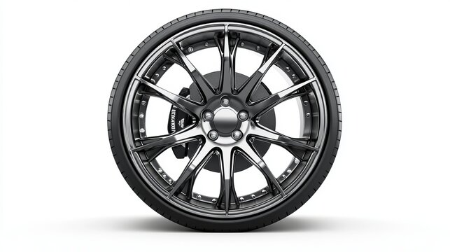 Isolated on a white background are the racing wheel and tire side view, vehicle tire, aluminum wheels, and modern wheel rim. 