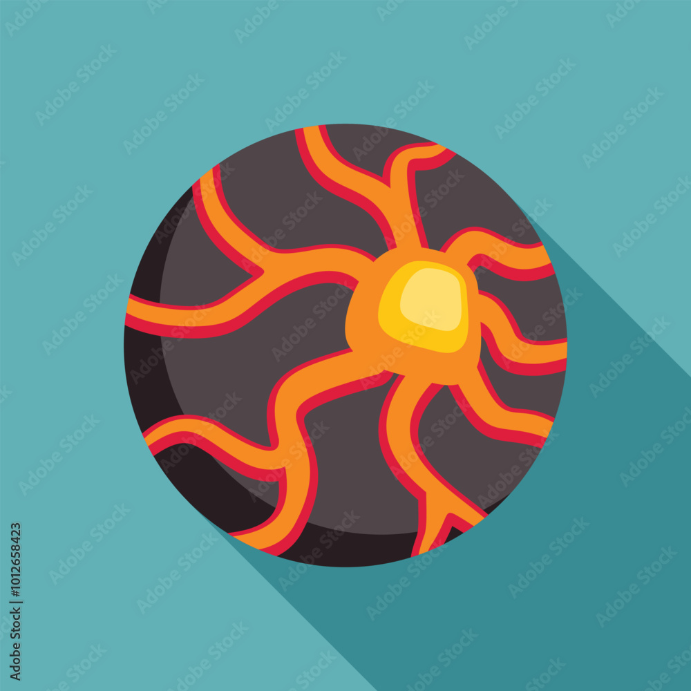 Poster illustration of a round asteroid with a hot glowing core floating in the vast expanse of space