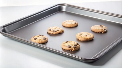Freshly baked chocolate chip cookies on a baking tray.