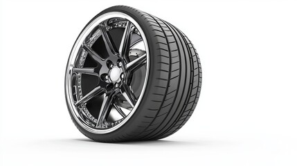 Obraz premium Isolated on a white background are the racing wheel and tire side view, vehicle tire, aluminum wheels, and modern wheel rim. 