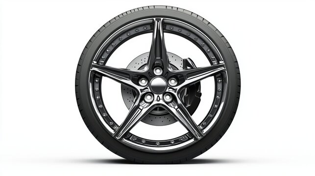 Isolated on a white background are the racing wheel and tire side view, vehicle tire, aluminum wheels, and modern wheel rim. 