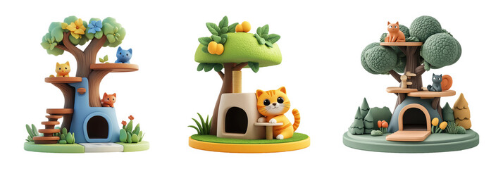 Fototapeta premium Whimsical Cat Treehouses: Three Fun and Colorful Designs For Playful Kittens