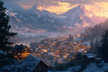 Snowy Mountain Village at Twilight