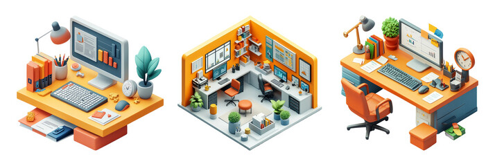 Fototapeta premium Modern Office Desk Setup With Computers, Plants, and Accessories in Vibrant Colors