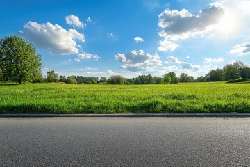 Green grass and blue sky seen from the road