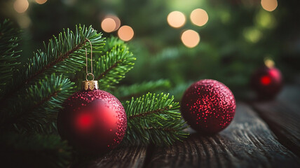 Fototapeta premium Red ornaments on a wooden table decorated with pine branches for Christmas