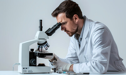 scientist looking through microscope