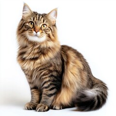 Fototapeta premium majestic Siberian cat sits gracefully, its thick, flowing fur cascading down its strong frame, radiating beauty and elegance against a pristine white background.