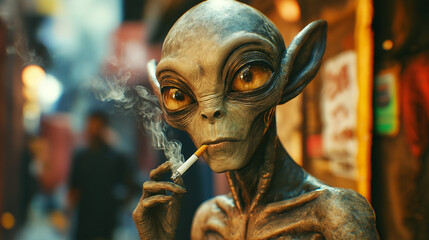 Realistic alien smoking cigarette in a ordinary indian streets