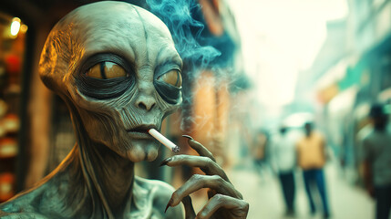 Cinematic alien smoking cigarette in a ordinary indian streets