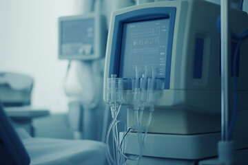 Fototapeta premium Dialysis machine connected to a patient, with copy space. Soft hospital lighting. 