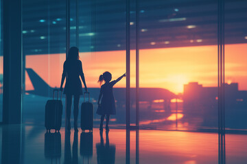 Family at the airport traveling with young child and luggage, walking to the departure gate, girl pointing at airplanes through the window. 