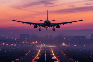 High quality image of an airplane landing at dawn