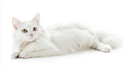 Chantilly-Tiffany cat reclines gracefully, displaying its stunning, long, silky coat and vivid eyes against a clean white background, exuding elegance and tranquility.
