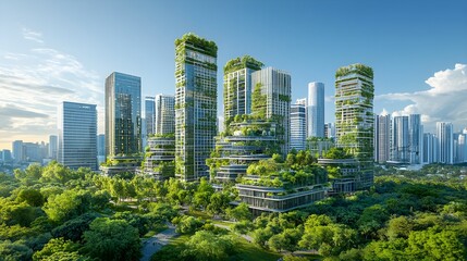 Fototapeta premium A vibrant city skyline with modern green buildings surrounded by trees and parks, set against a backdrop of clear blue skies, symbolizing environmental preservation and sustainable urban living. 