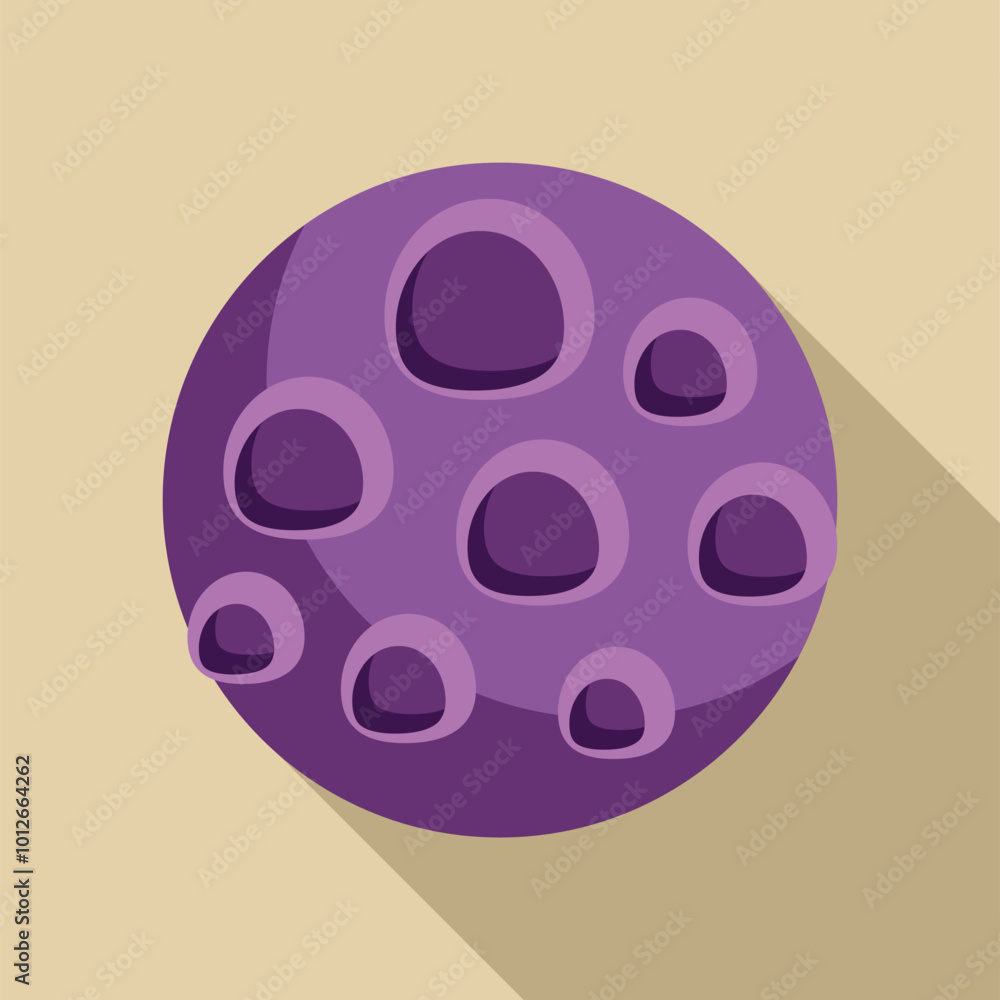 Poster purple planet is floating in space with craters covering its surface and casting a long shadow
