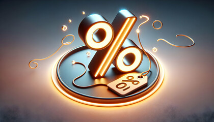 3D Glowing Percentage Icon and Floating Price Tag Frame Design for Cyber Monday Discounts - Minimalistic Copy Space Layout