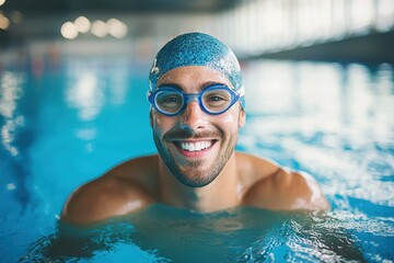 Joyful swimmer in pool with cap and goggles working on muscle strength and wellness Training for competitions and staying healthy with a smile