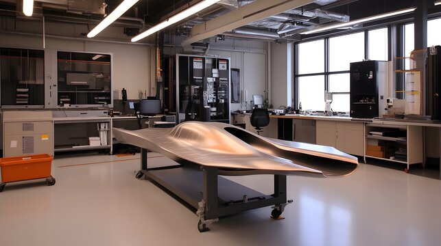 A modern engineering lab showcasing lightweight composite materials being shaped into aerodynamic structures, emphasizing efficiency in design and functionality. 