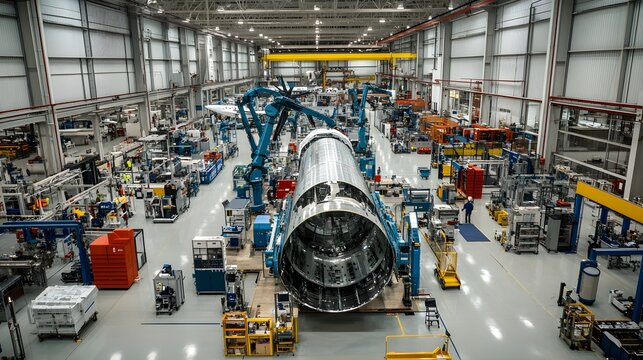 A manufacturing facility with robotic arms applying advanced composite materials to a large aerospace component, showcasing precision equipment and processes. 