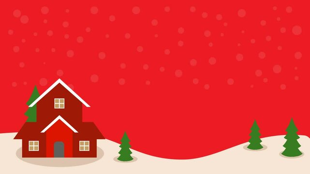 4K Animation A house in a snowy Christmas. christmas tree. concept for greeting or postal card. Winter snow landscape and houses with snowflakes falling from sky HD Background With Copy Space Area