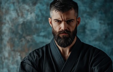 Fototapeta premium Karate fighter in fighting stance Muscular male ready for competition Strong martial arts master Advertising space available
