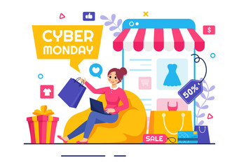 Cyber Monday Event Vector Illustration with Super Sale and Big Discount Purchases Goods in Paper Bags for Promotions in a Flat Style Cartoon Background