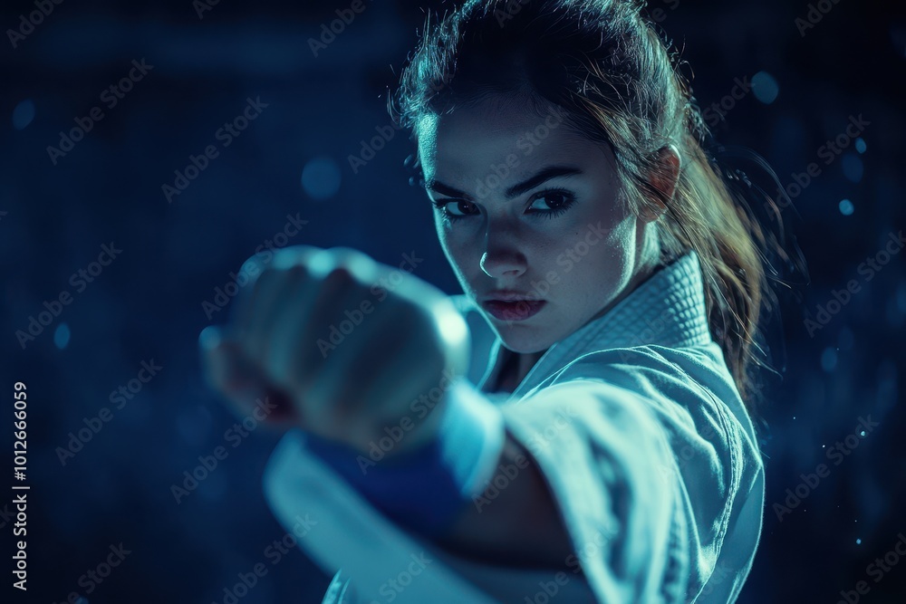 Wall mural karate practice by young woman in darkness