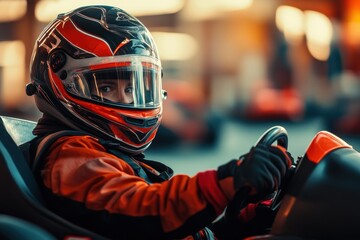Kart driver in helmet racing Go karting rental empty space