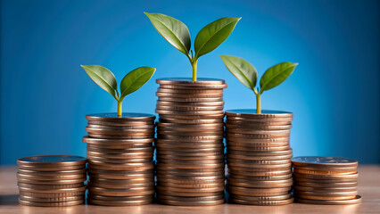 Vector icon of a stack of coins with a small plant sprouting representing investment growth. concept as A vector image showing a stack of coins from which a small plant is growing symbolizing the grow