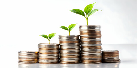 Investment Growth Symbolized by Green Sprout Emerged from Stack of Coins on Clean White Background - Financial Success Concept in Photo Stock