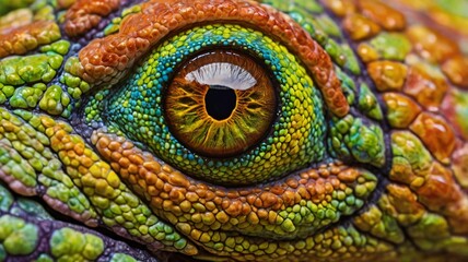 Obraz premium Ultra-close-up of a chameleon's eye mid-color change