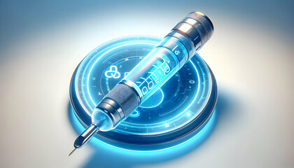 3D Holographic Insulin Pen & Blue Circle on White Background for World Diabetes Day - Futuristic Medical Icons with Ample Copy Space & Soft Glow Reflections